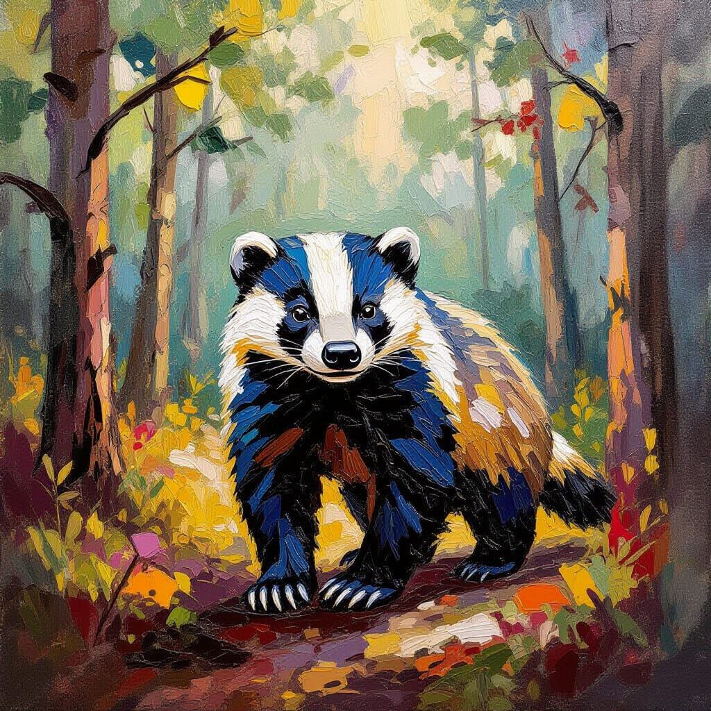 Honey Badger in Forest, Neo-Impressionist Oil Painting