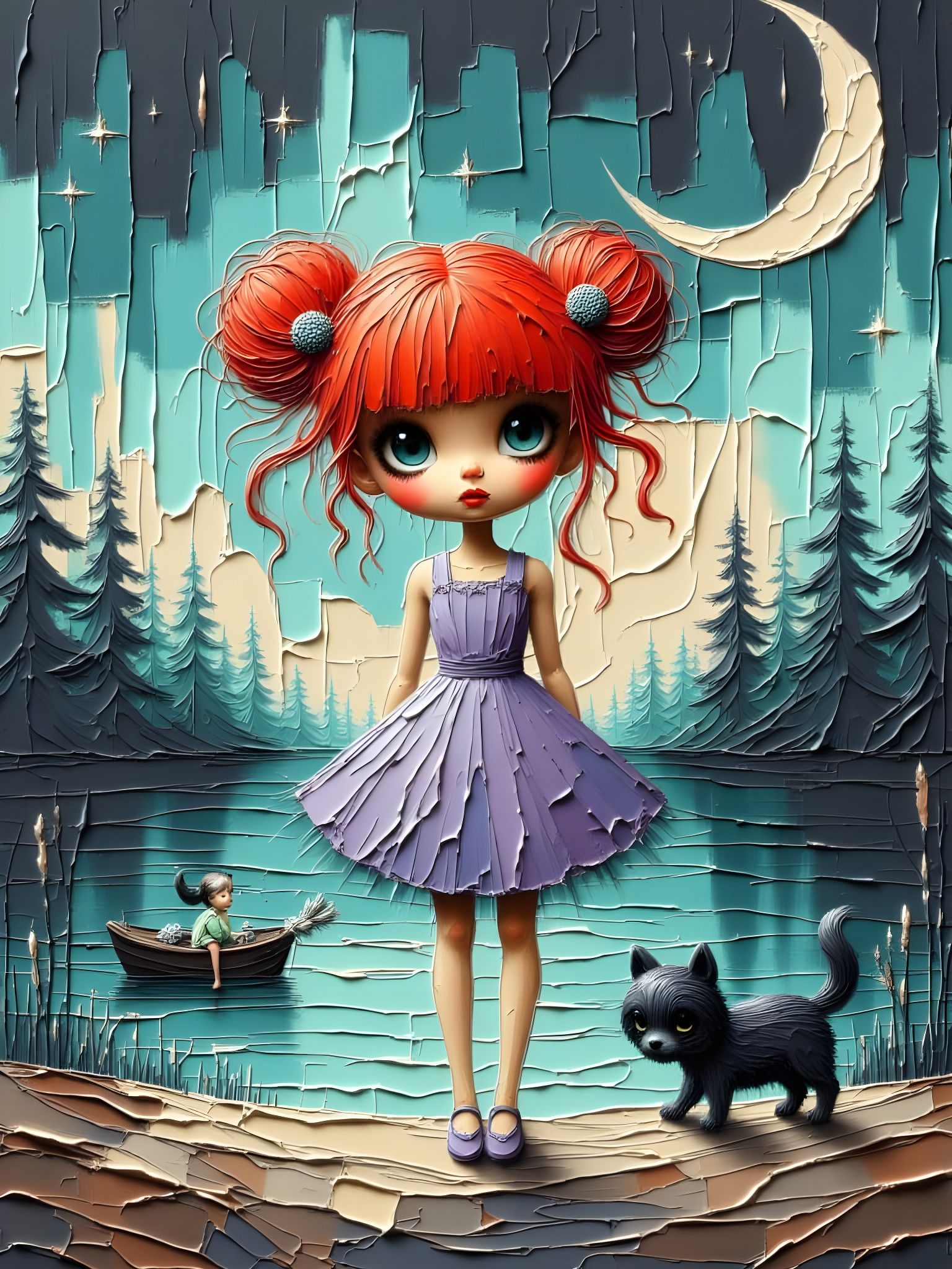 Whimsical Moonlit Scene with Girl and Puppy as Oil Painting