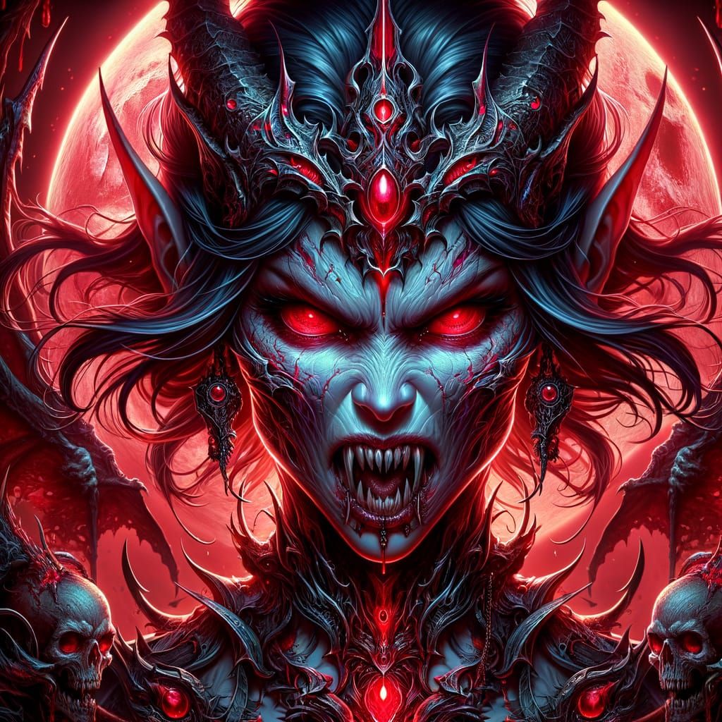 Dark Fantasy Queen Lilith with Piercing Red Eyes and Razor F...
