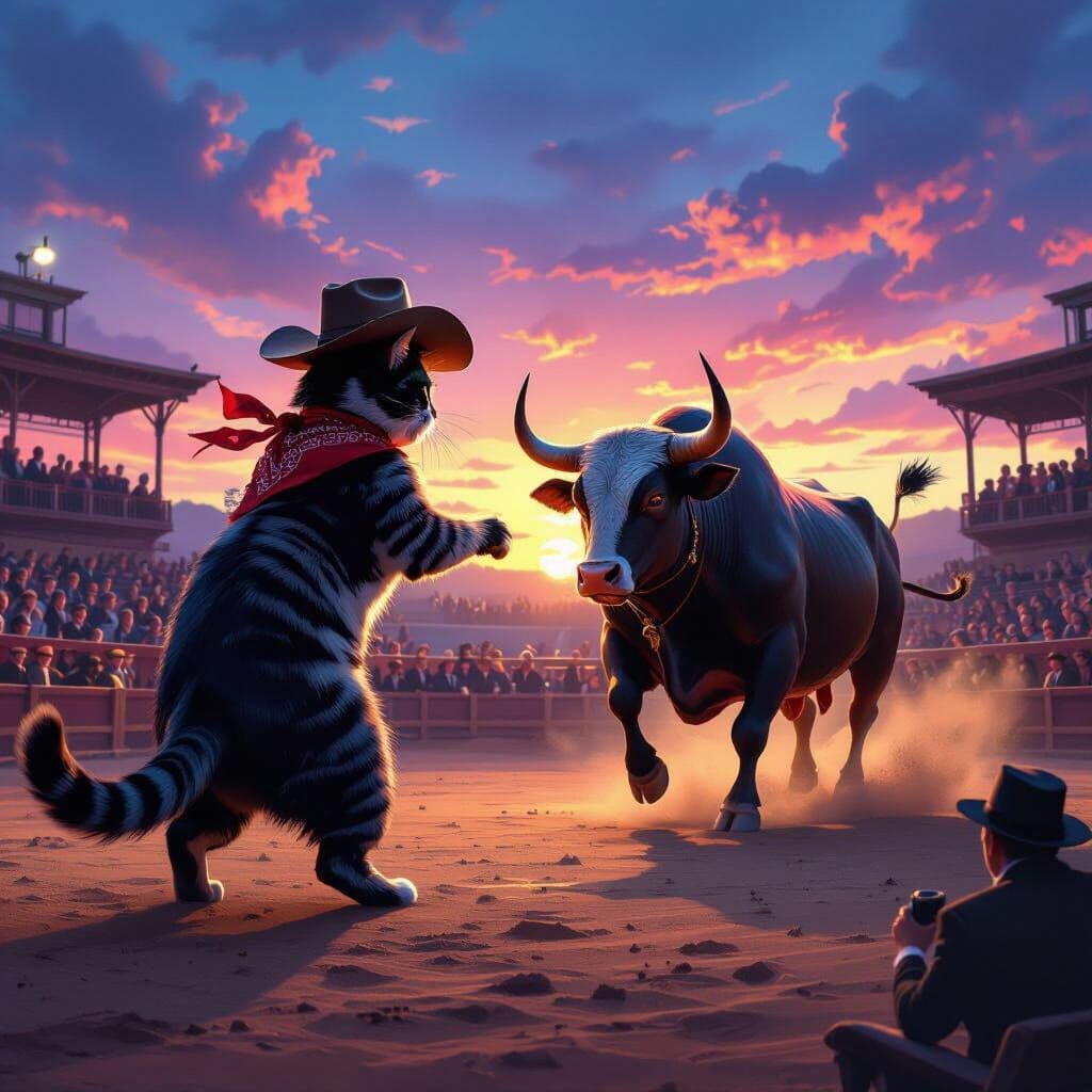 Cowboy Cat Battles Bull in Futuristic Arena at Sunset