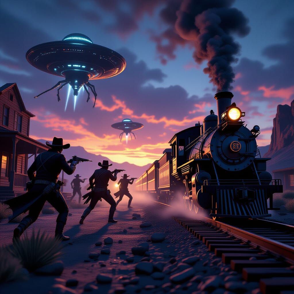Wild West Train Robbery with Aliens in Twilight