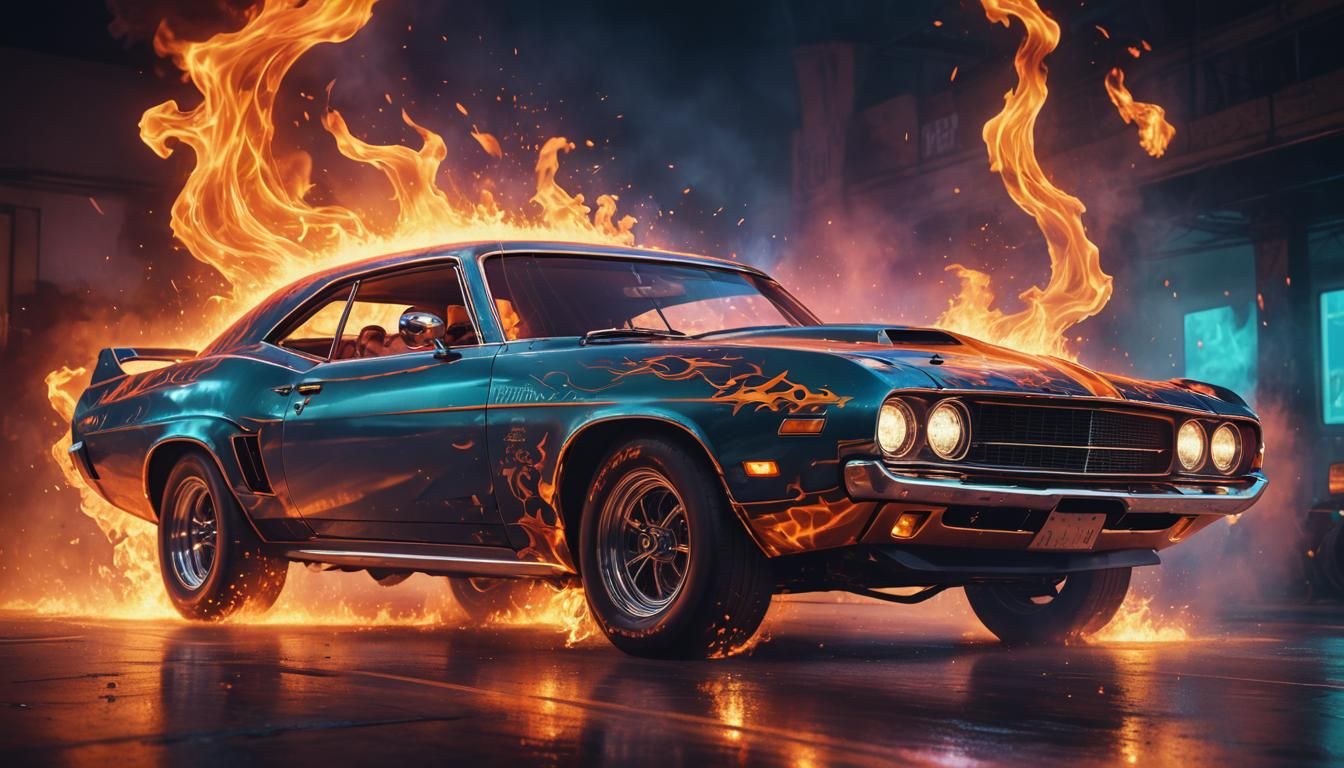 Retro-Futuristic Muscle Car Escape in Flames