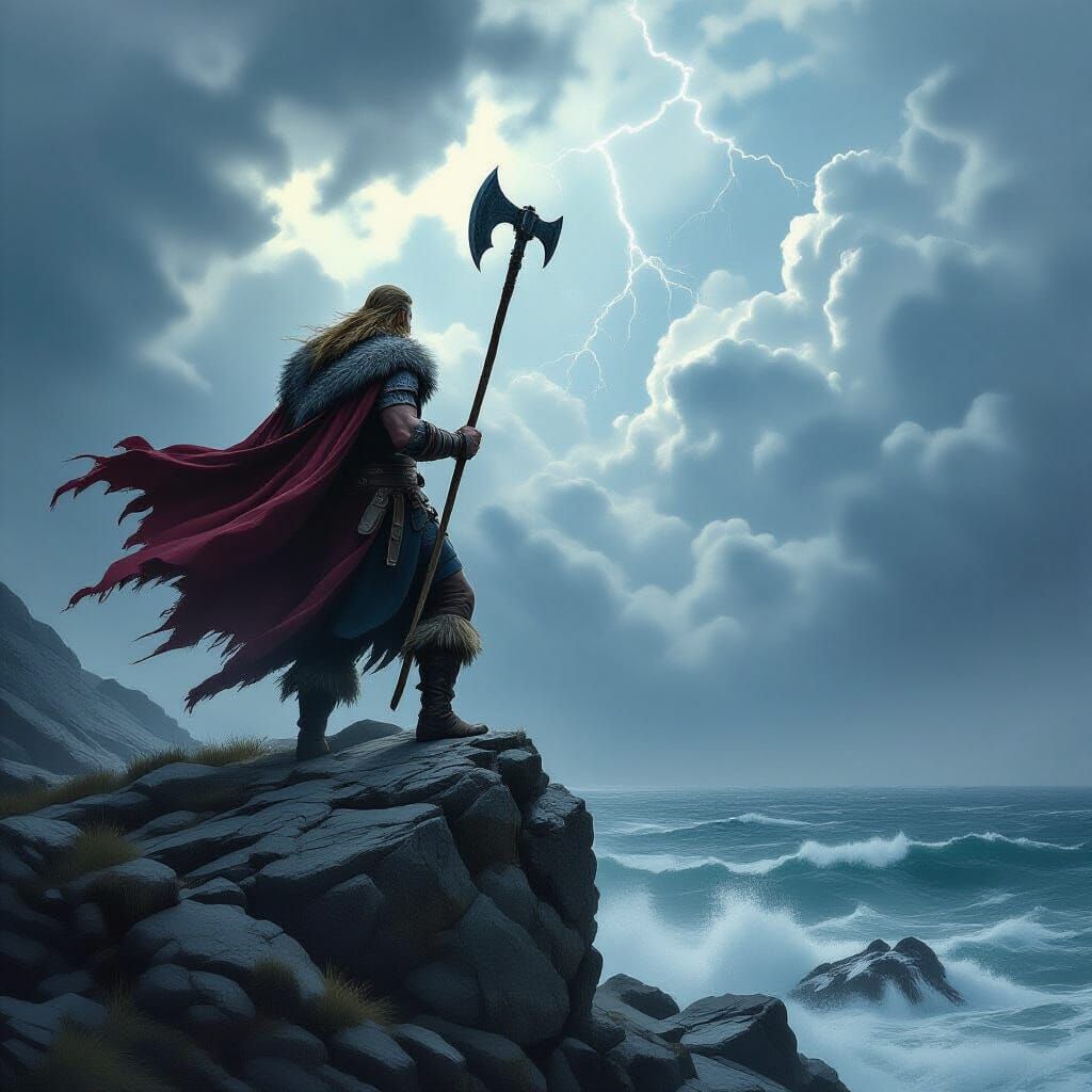 Viking Hero Confronts Storm on Rocky Cliff