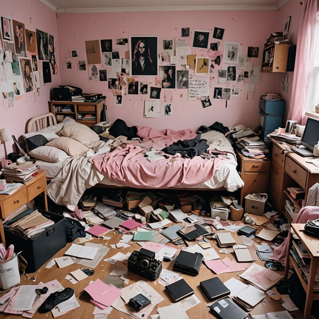 Messy Teenage Bedroom with Eerie Shadows
