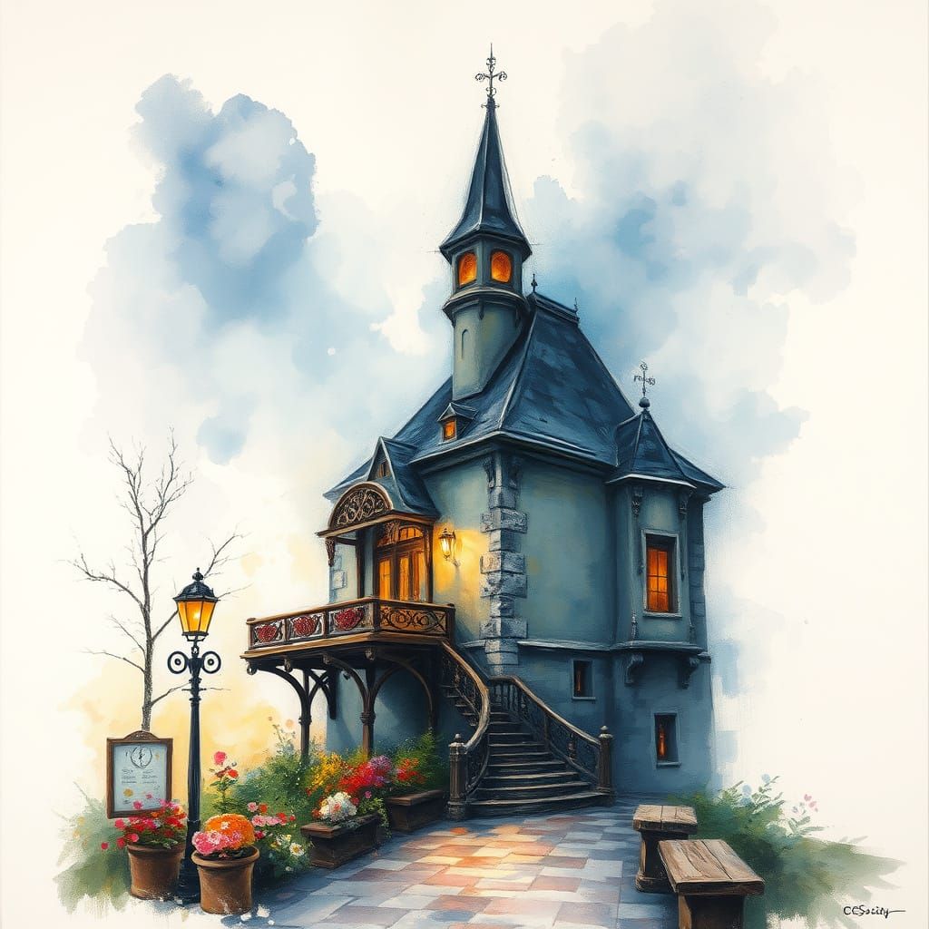 Ethereal Fantasy Charcoal Drawing in Gouache Style