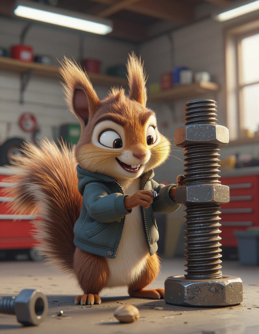 Squirrel Mechanic Stealing Gigantic Nut in Pixar Style