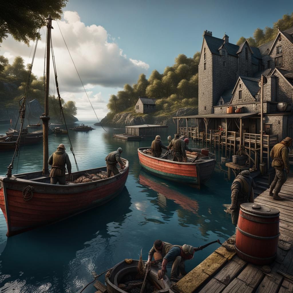 Fishermen at Tobermory Docks: Hyperrealistic Matte Painting