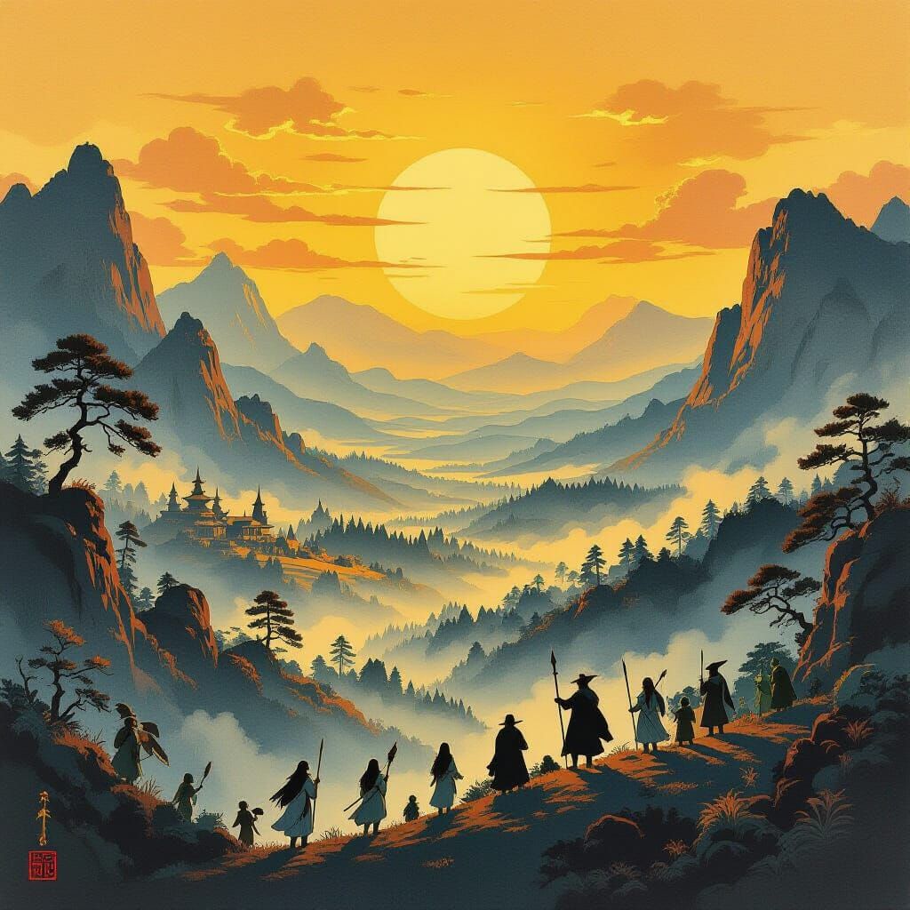 Ukiyo-e Middle-earth Landscape with Elves, Dwarves, and Gobl...