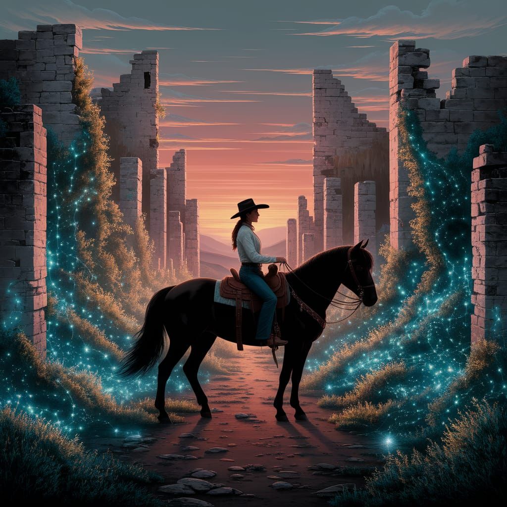 Cowgirl Tends Secret Garden in Ruined City at Sunset