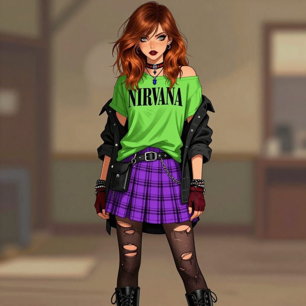 Grunge Fashion Illustration of Adeline with Nirvana Tee