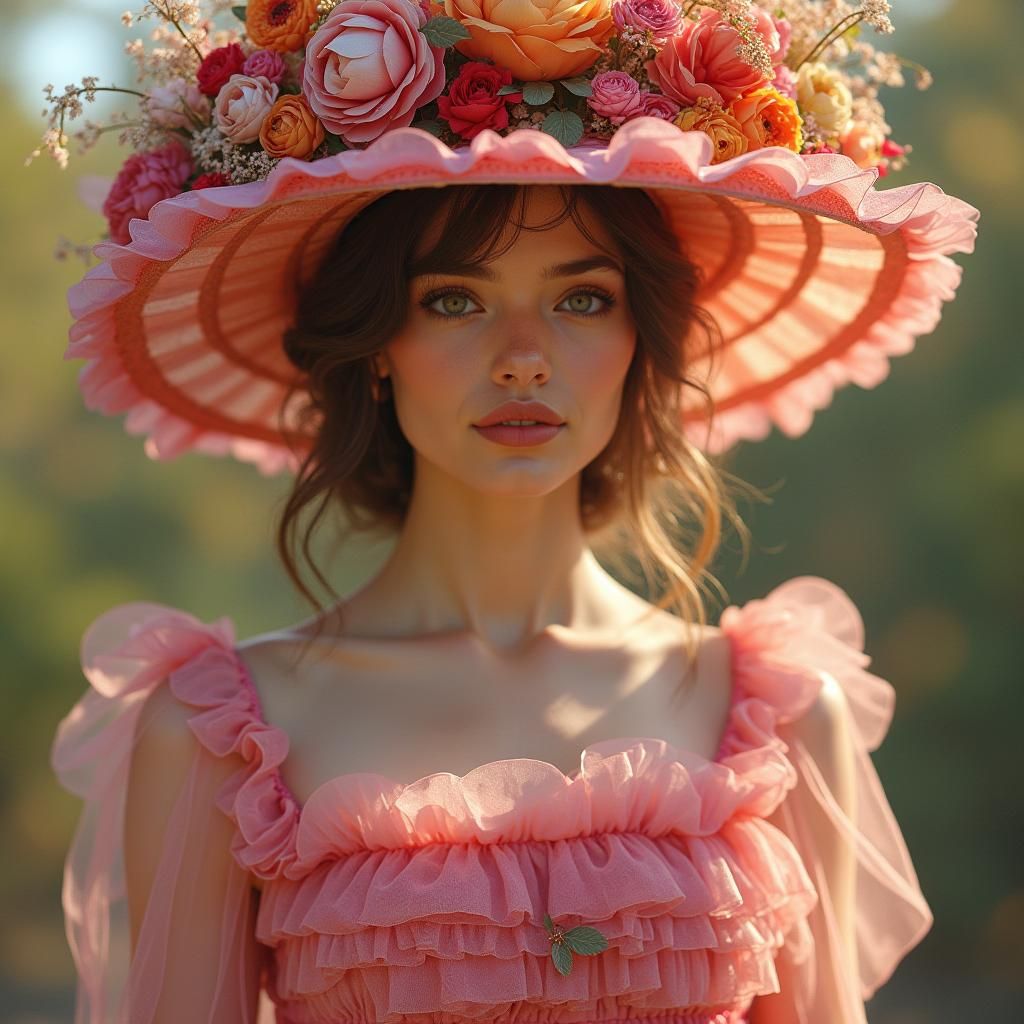 Dreamy Woman in Pink Tulle Dress, Ornate Art Nouveau Style