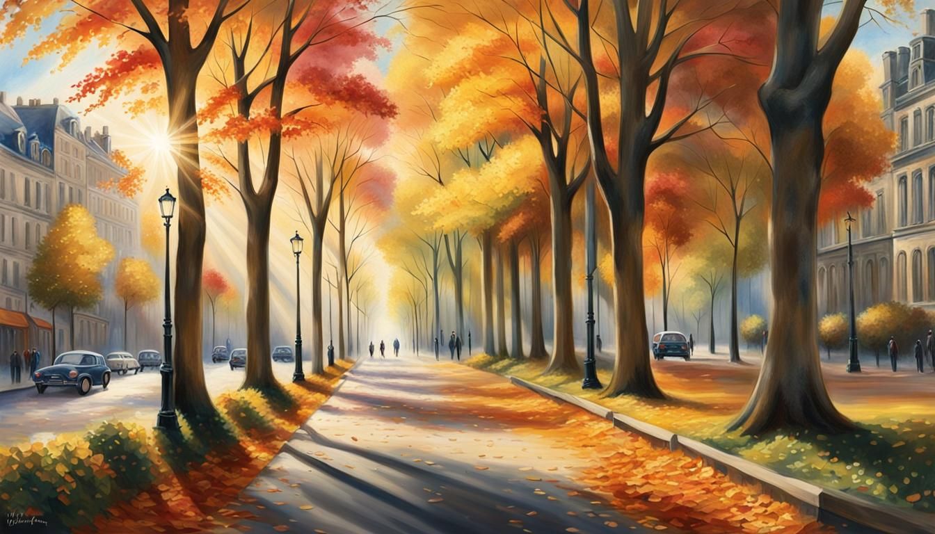 Autumn Boulevard Scene in Realistic Painting