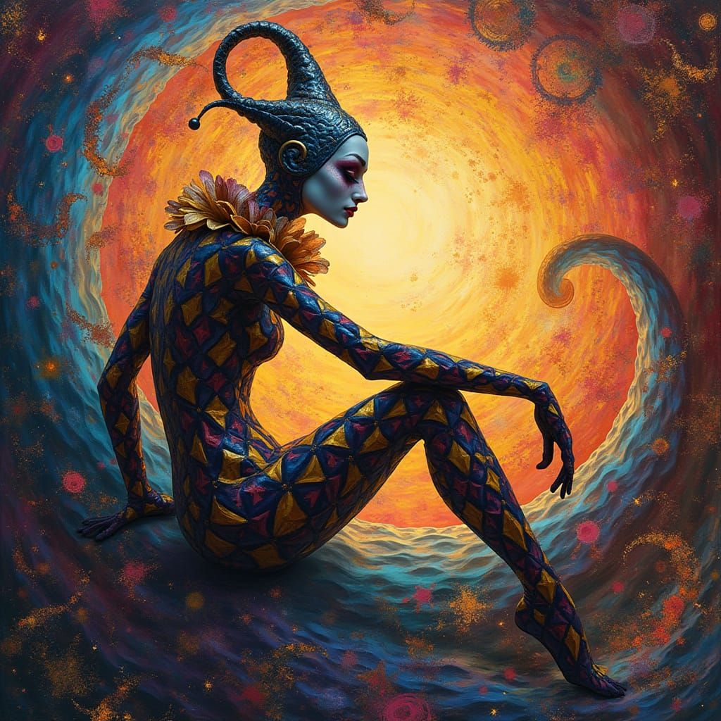 Ethereal Harlequin in Klimt-Inspired Circus Realm