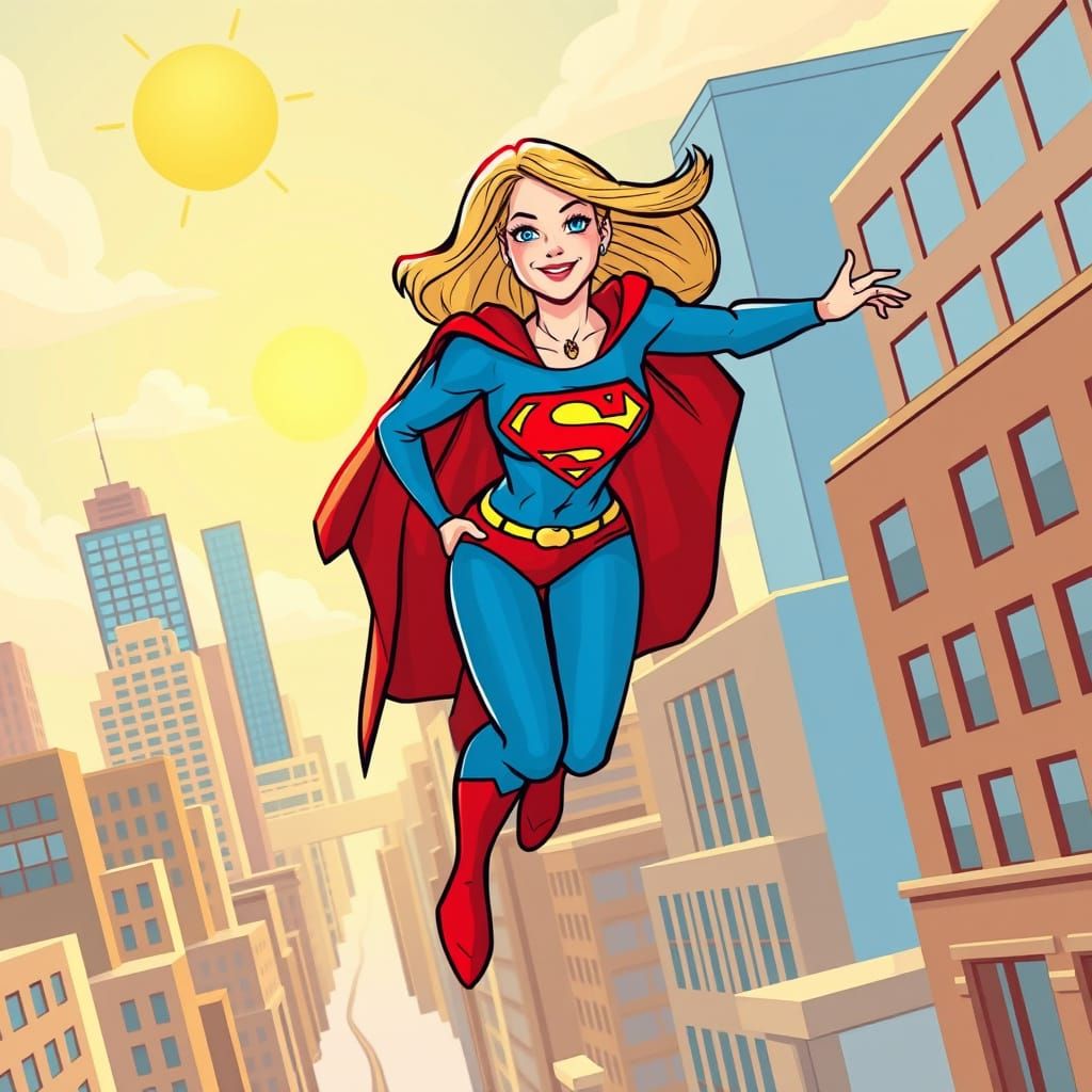 Supergirl Flies Through Metropolis: Hand-Drawn Cartoon Style