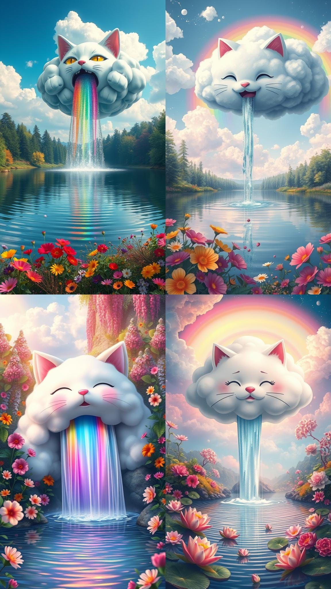 Cloud Cat Face with Rainbow Waterfalls
