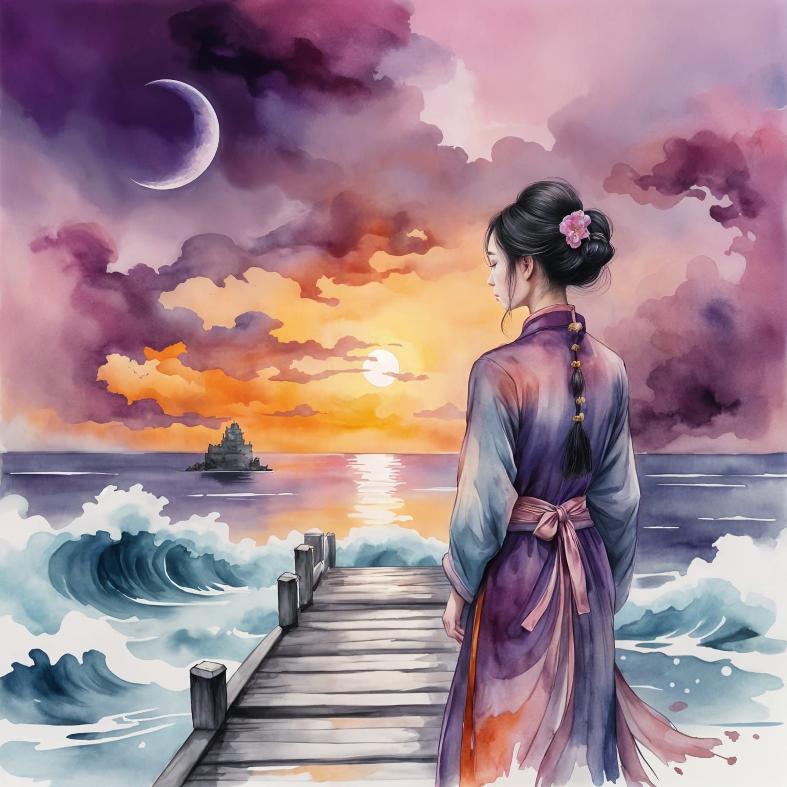 Mysterious Woman Contemplates the Stormy Sea in a Chinese Wa...