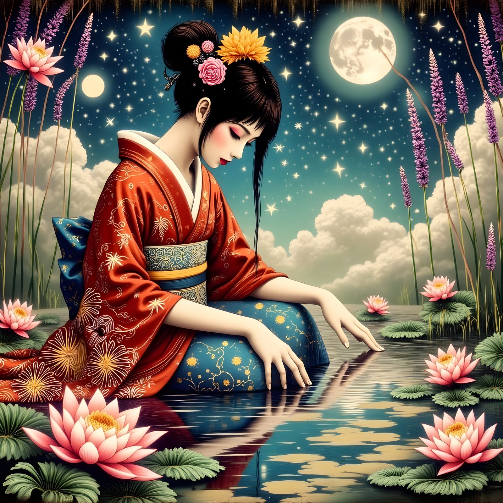 Japanese Yokai Goddess in Enchanting Kimono Reflected in a L...