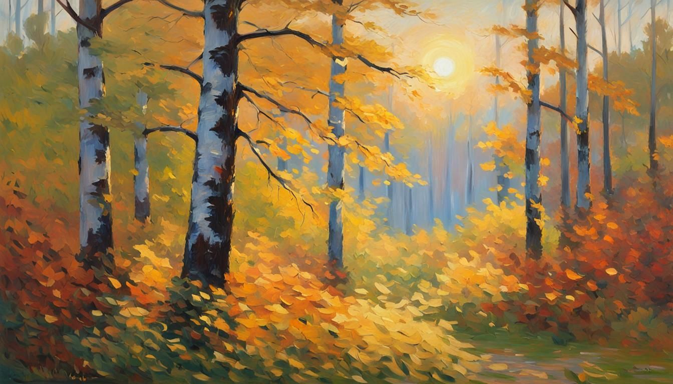 Impressionist Forest Landscape at Sunset in Monet Style