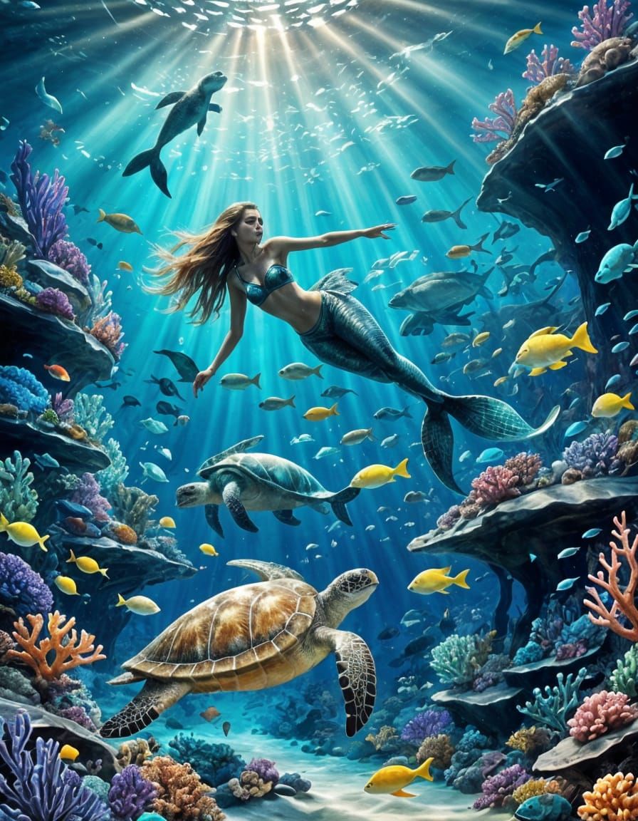 Surreal Underwater World with Mermaid and Sea Turtle