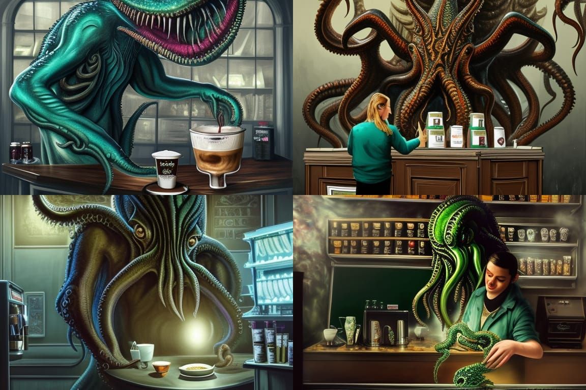 Cthulhu as Barista in Cozy Coffee Shop