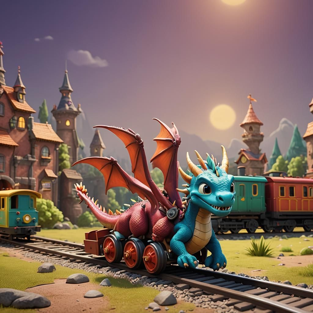 Cute Dragon Plays with Train: Pixar-style 3D Art