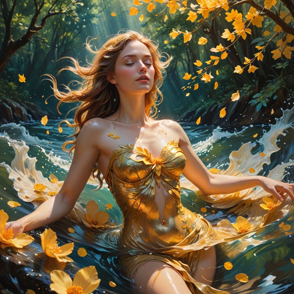 Nereid Emerges in Golden Light: An Impasto Gouache