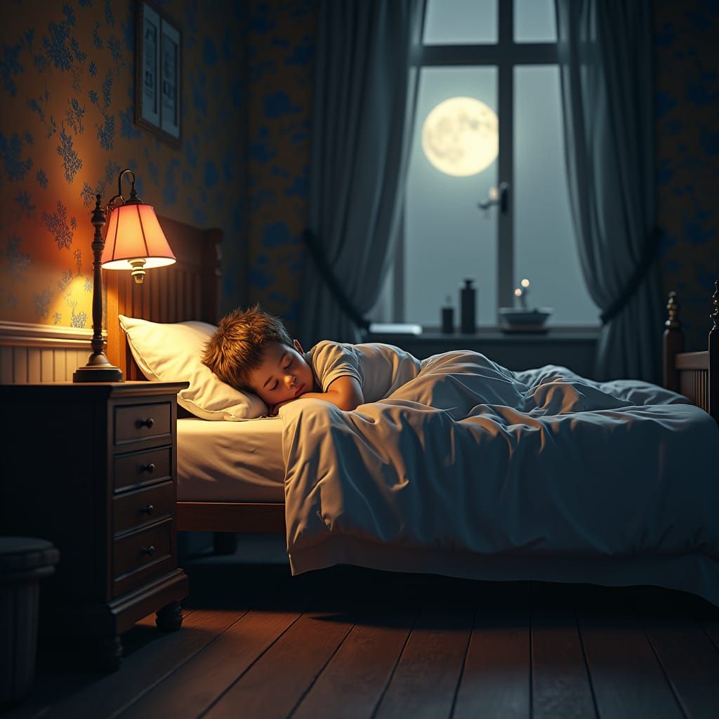 Boy Awakened by Moonlight: Matte Painting in 8K