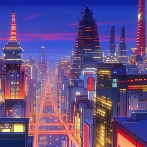 Vibrant Cityscape at Dusk: Japanese City Pop Art