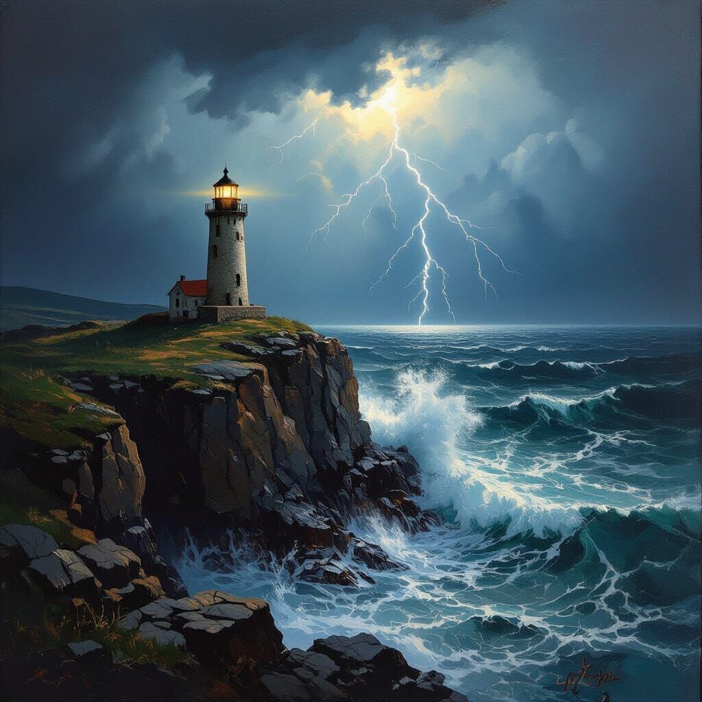 Stormy Lighthouse Oil Painting on Rocky Cliff