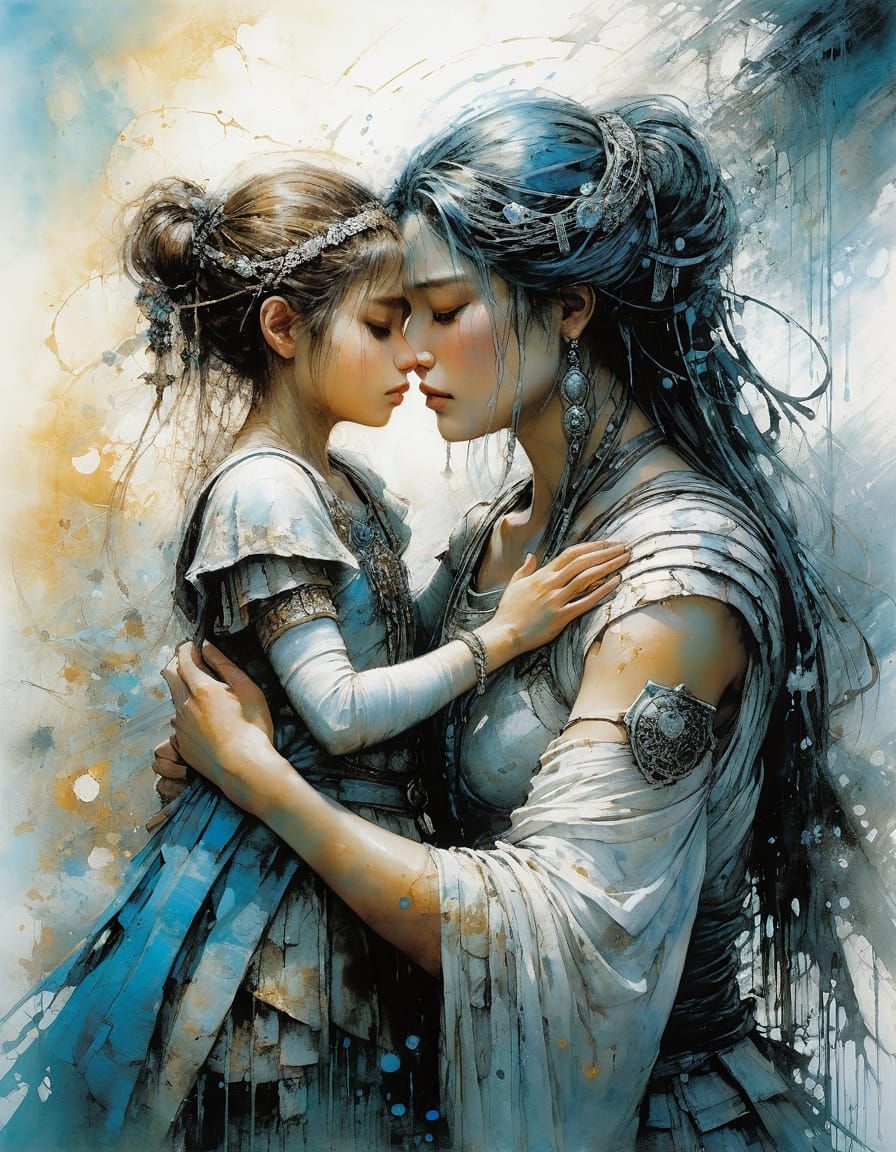 Goddess Comforting Girl: Abstract Art with Fine Details