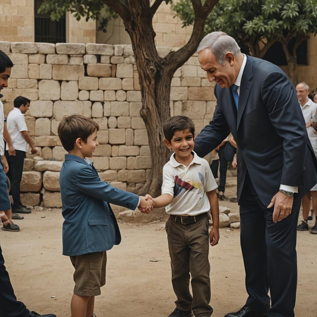 Netanyahu Greets Boy: Cinematic Film Still