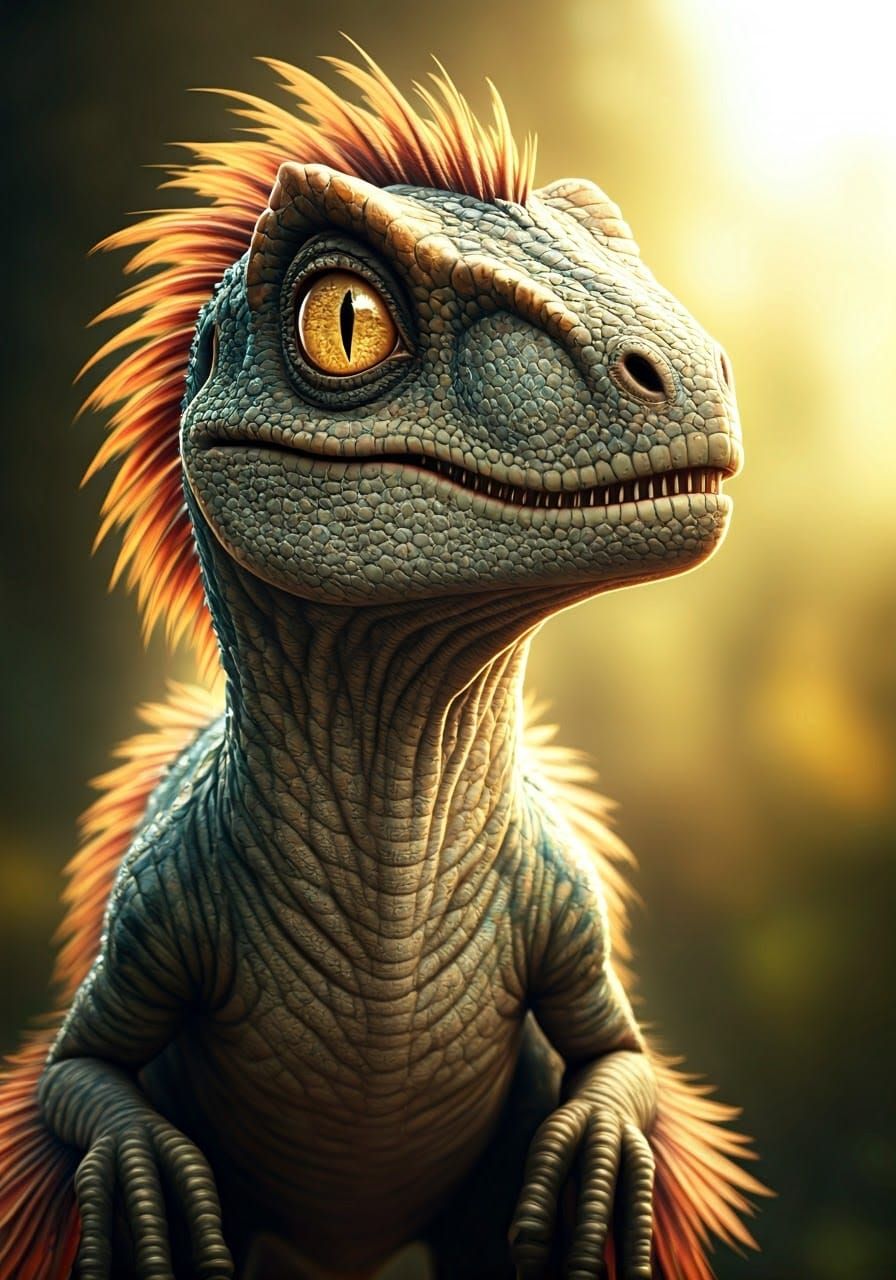 Dreamy Baby Velociraptor with Soft, Glowing Fur
