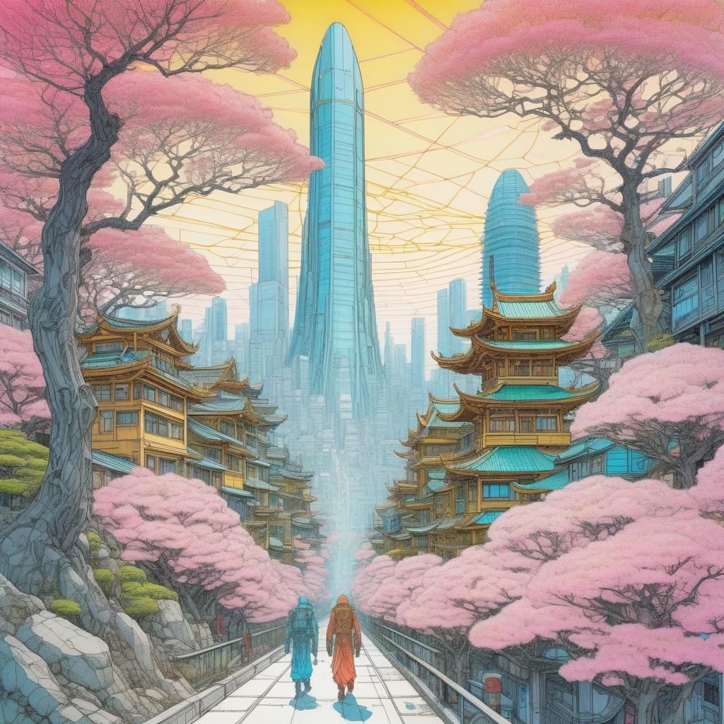 Nanopunk Sakura Forest Meets Biopunk Cityscape