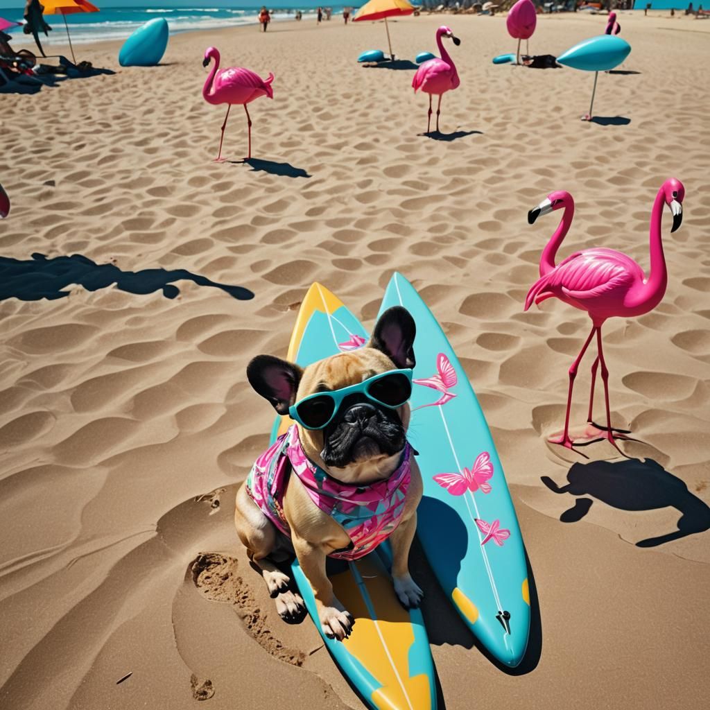 Retro-Futuristic French Bulldog Beach Scene