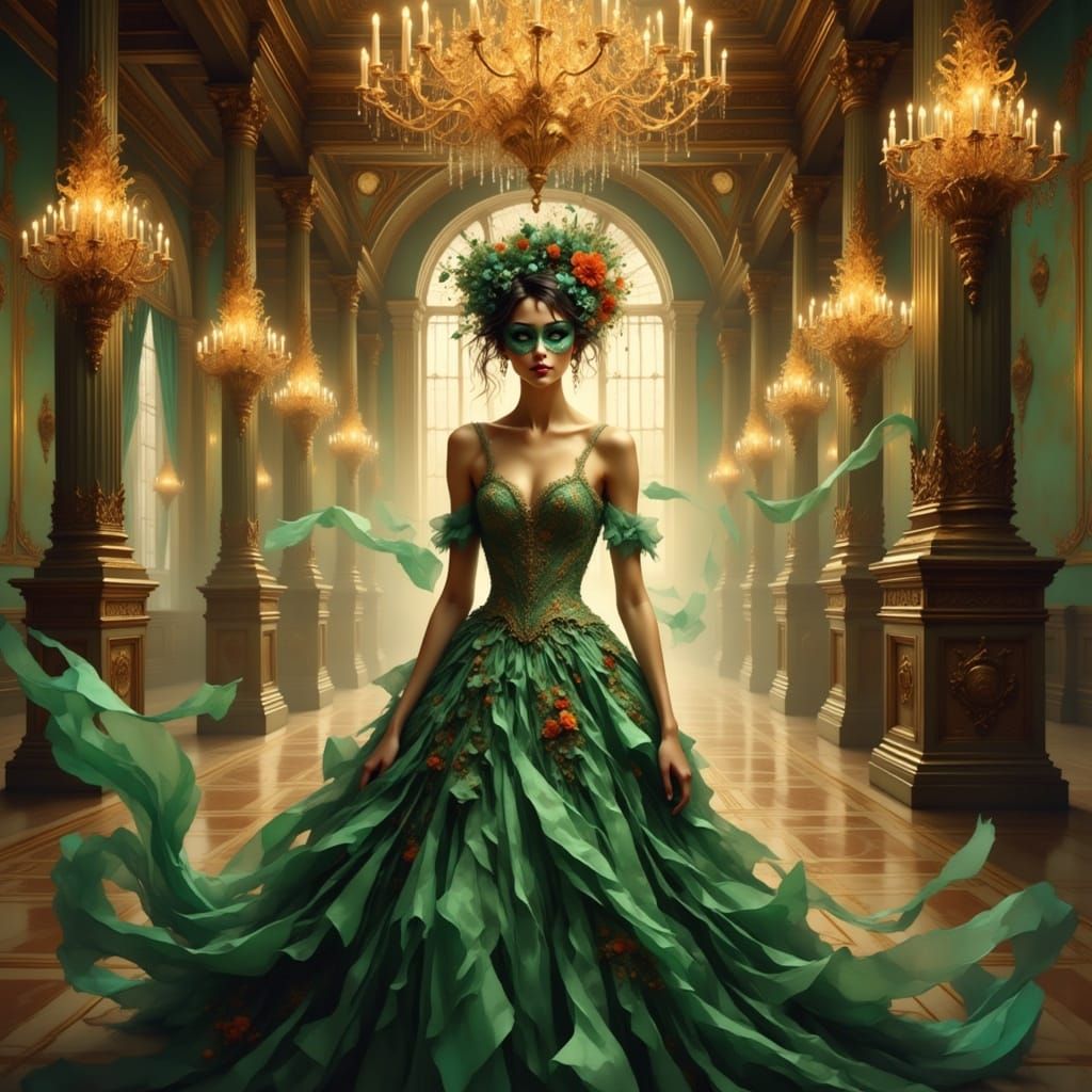Mysterious Ballroom Enchantress in Lavish, Lace-Trimmed Gown