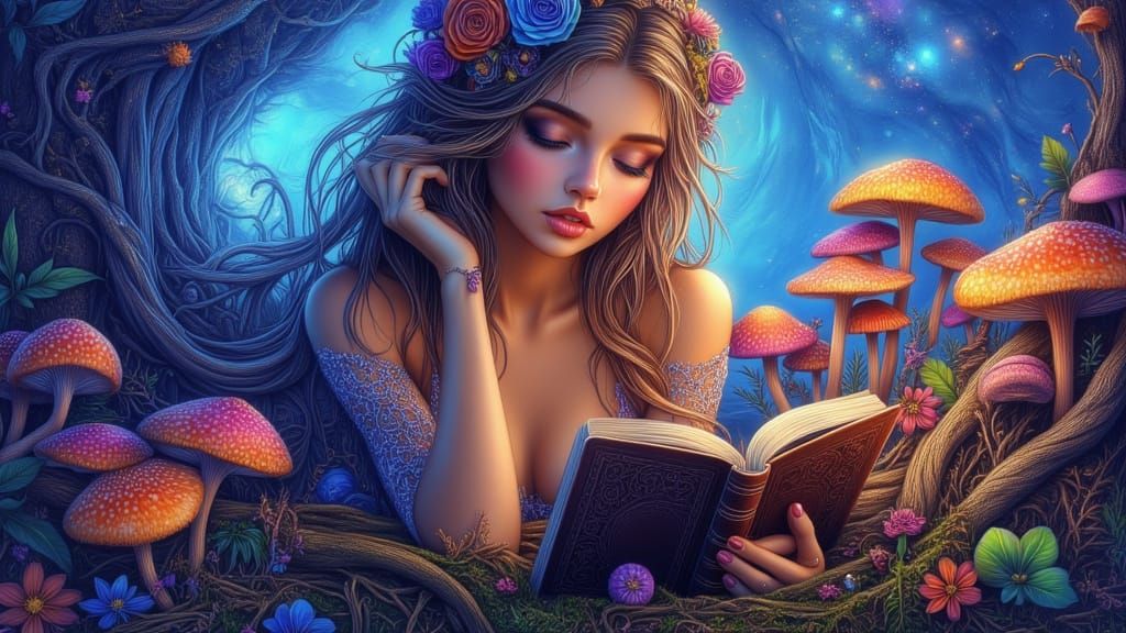 Surreal Island Goddess Reads Amidst Glowing Mushrooms and Co...