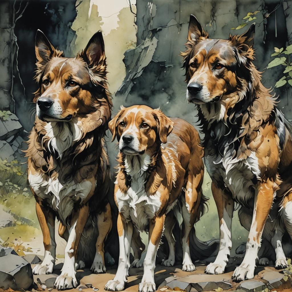 Three-Headed Dog Cerberus in Watercolor Style