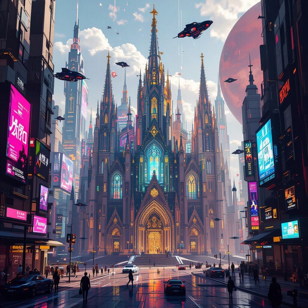 Cathedral in Cyberpunk City on Mars