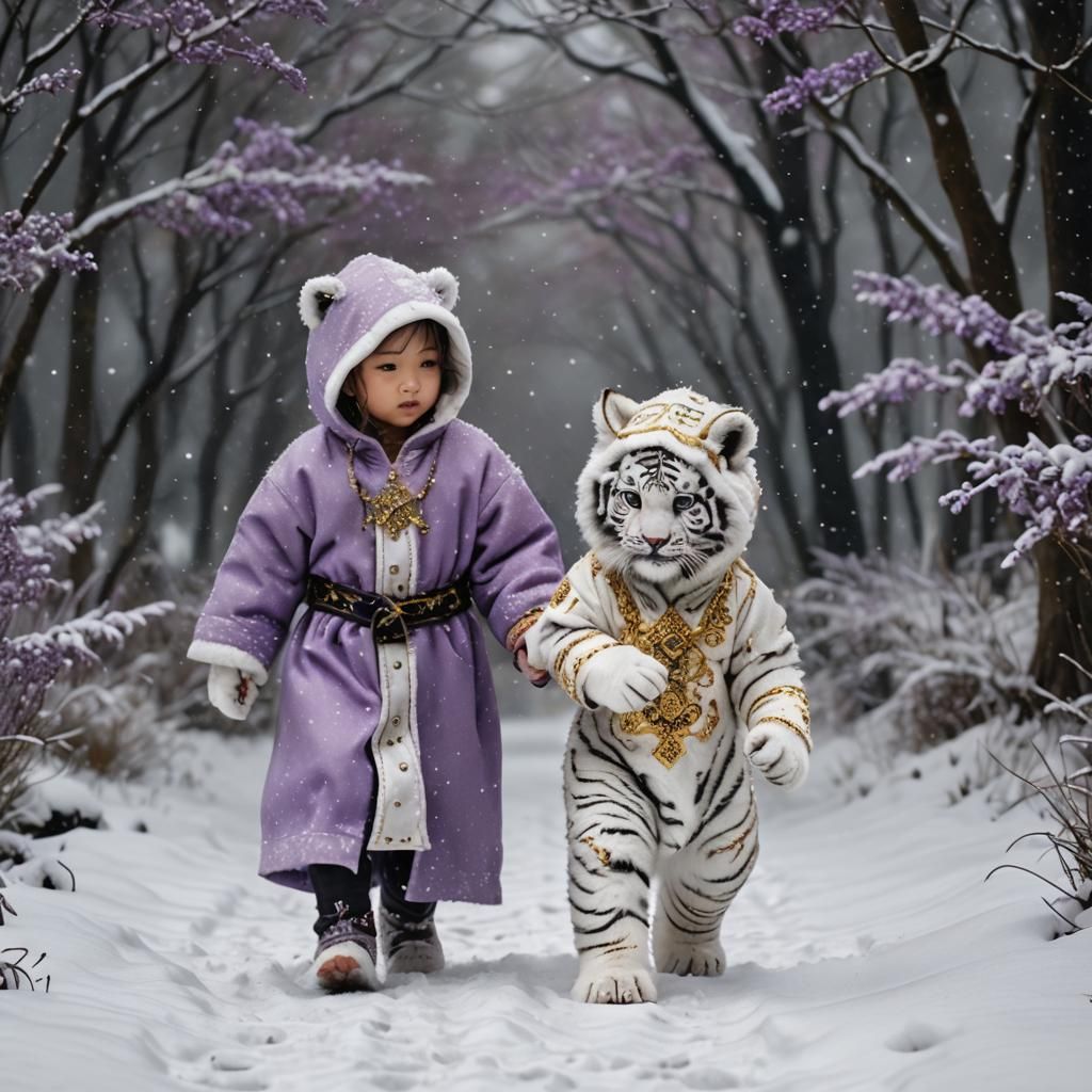 Baby White Tiger and Child in Snowy Scene