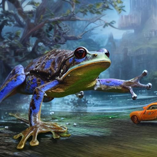 Frog Driving Car: Detailed Fantasy Concept Art