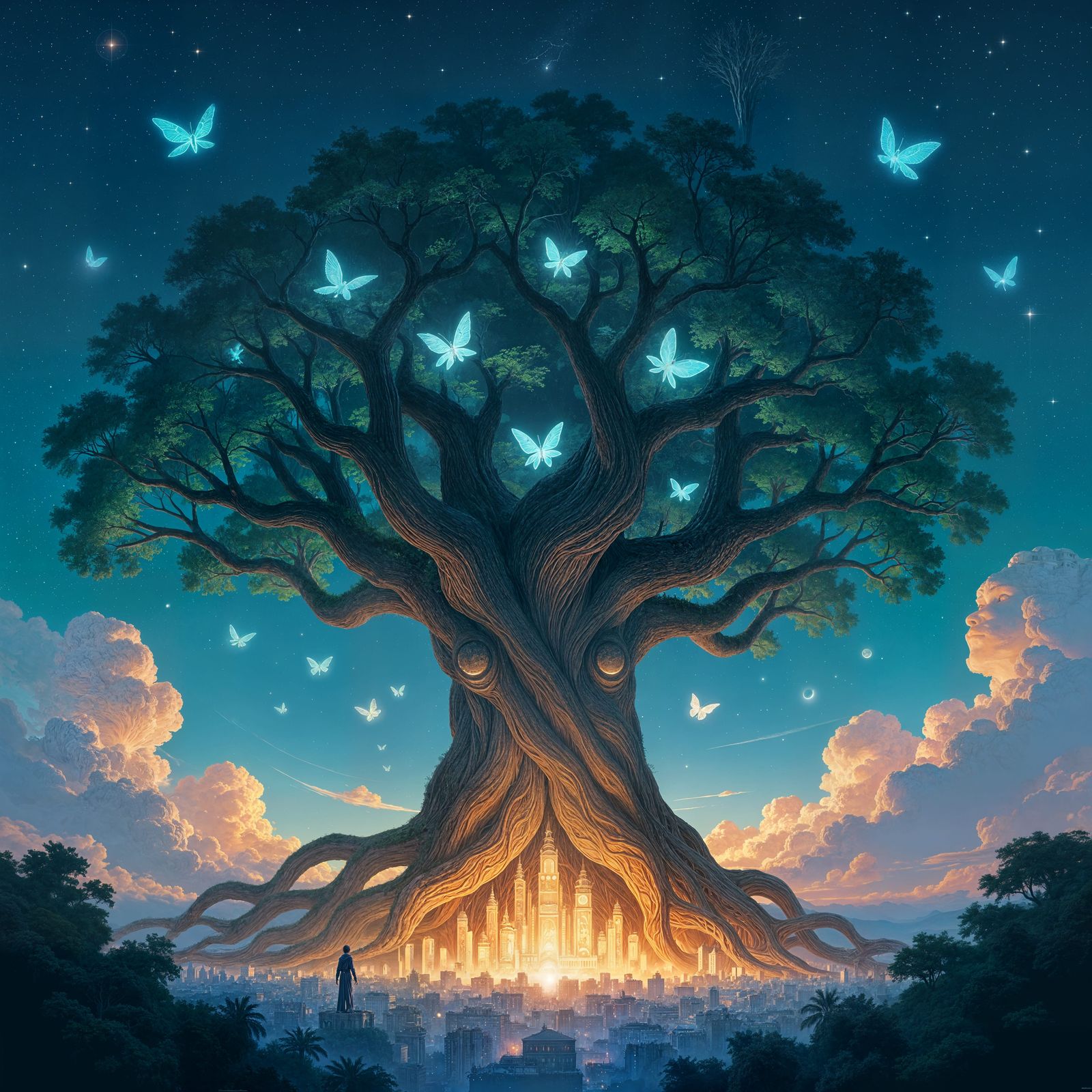 Ancient Tree of Light City in Starry Sky Digital Painting