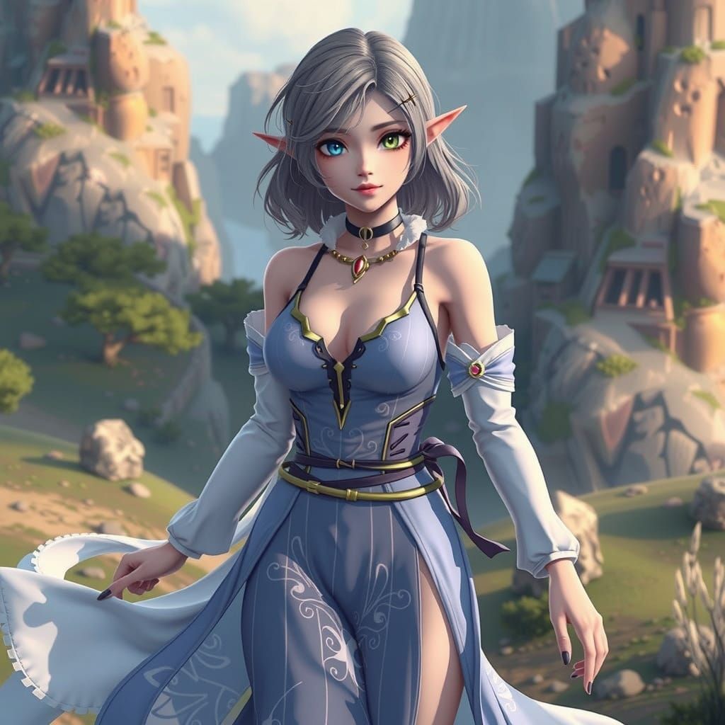 Anime Woman in Vibrant Landscape, in 3D Anime Art Style