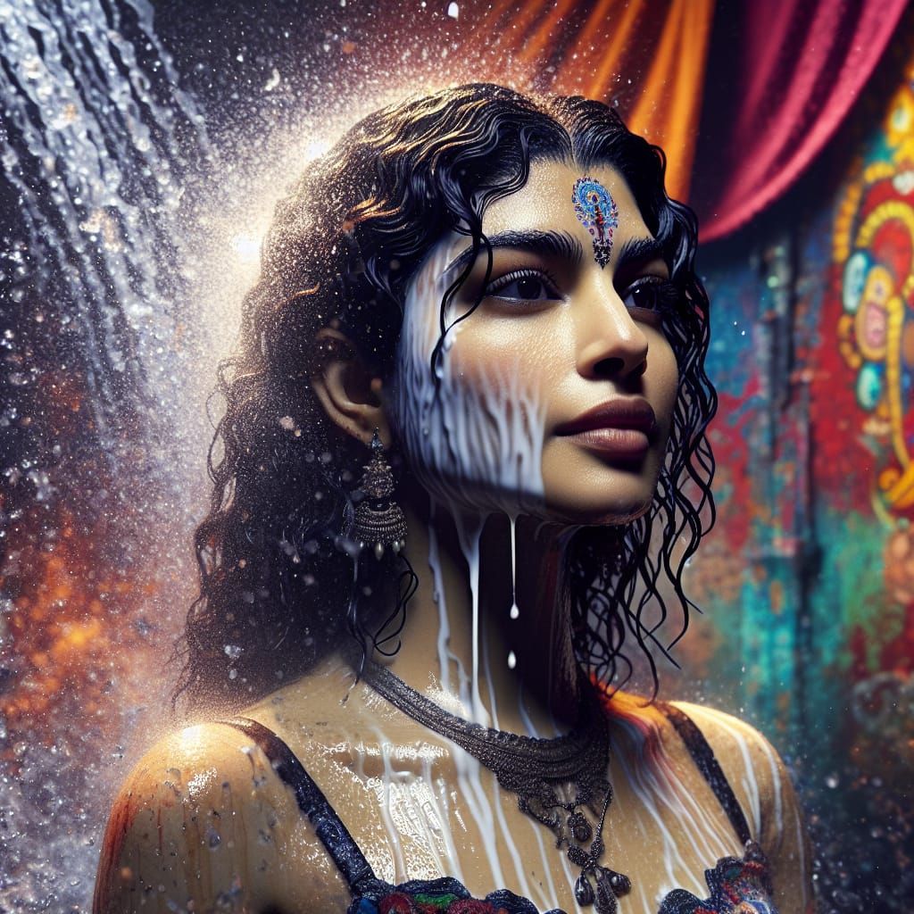 Hispanic Woman Showering in River: Splash Art