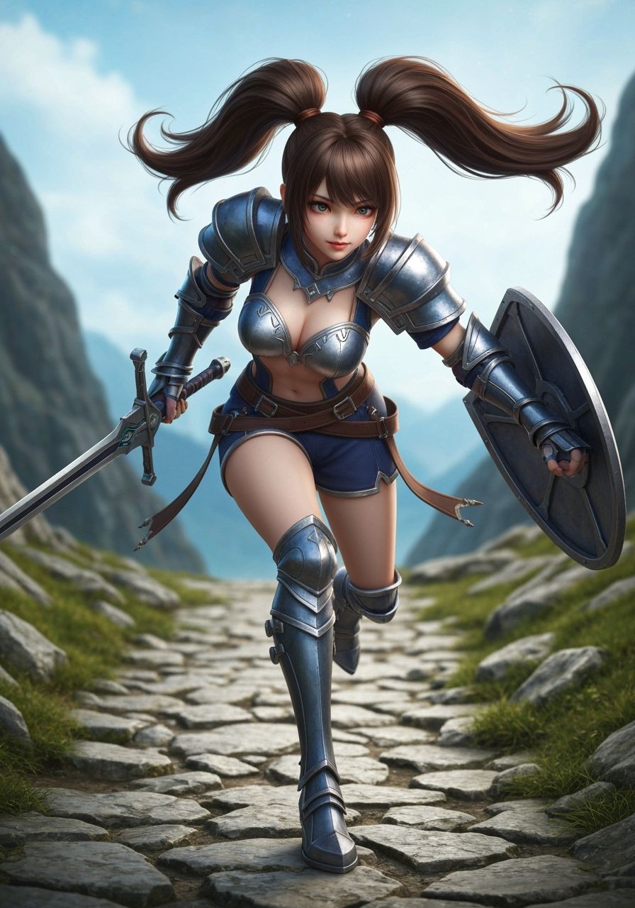 Fantasy Warrior with Sword and Shield in 3D Anime Style