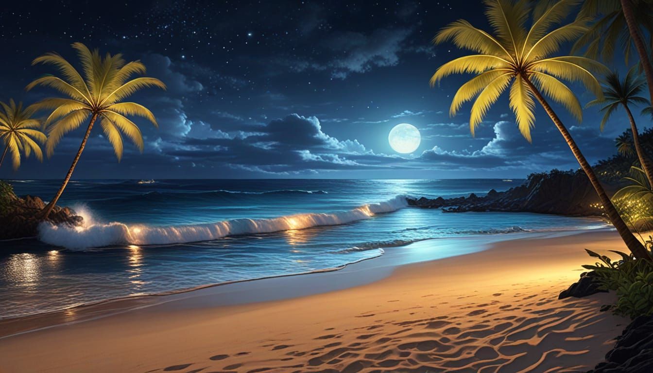 Breathtaking Hawaiian Beach at Night in Photorealistic Style