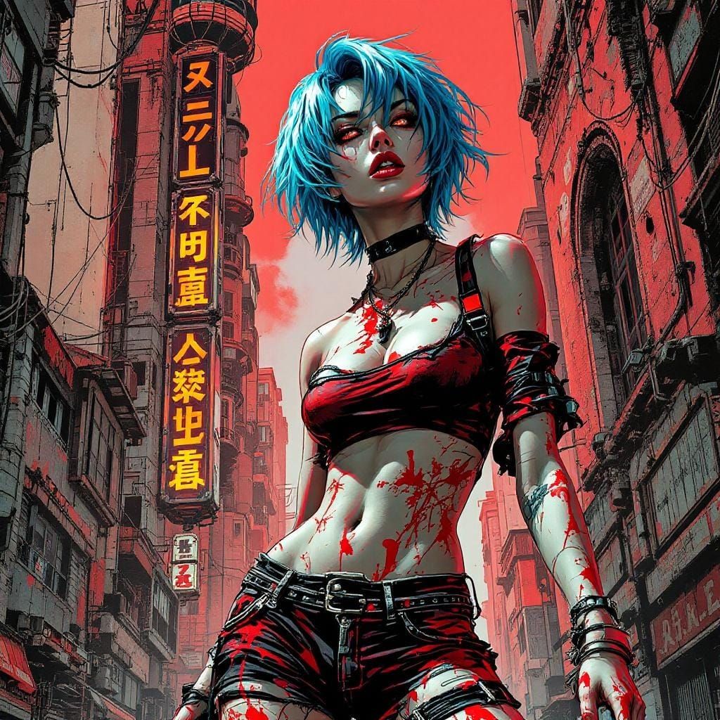 Cyberpunk Graphic Novel Panel of Blue-Haired Woman