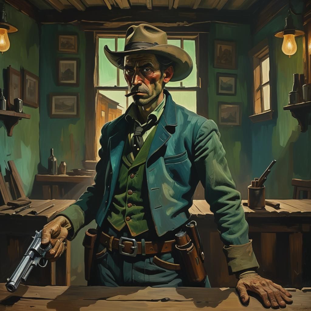 Gunslinger in Saloon: Expressionist Gouache Painting