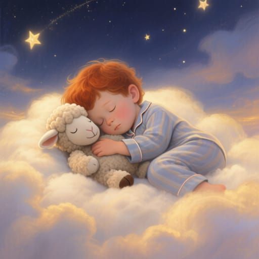 Toddler Sleeps on Cloud with Toy Sheep - Whimsical Digital A...