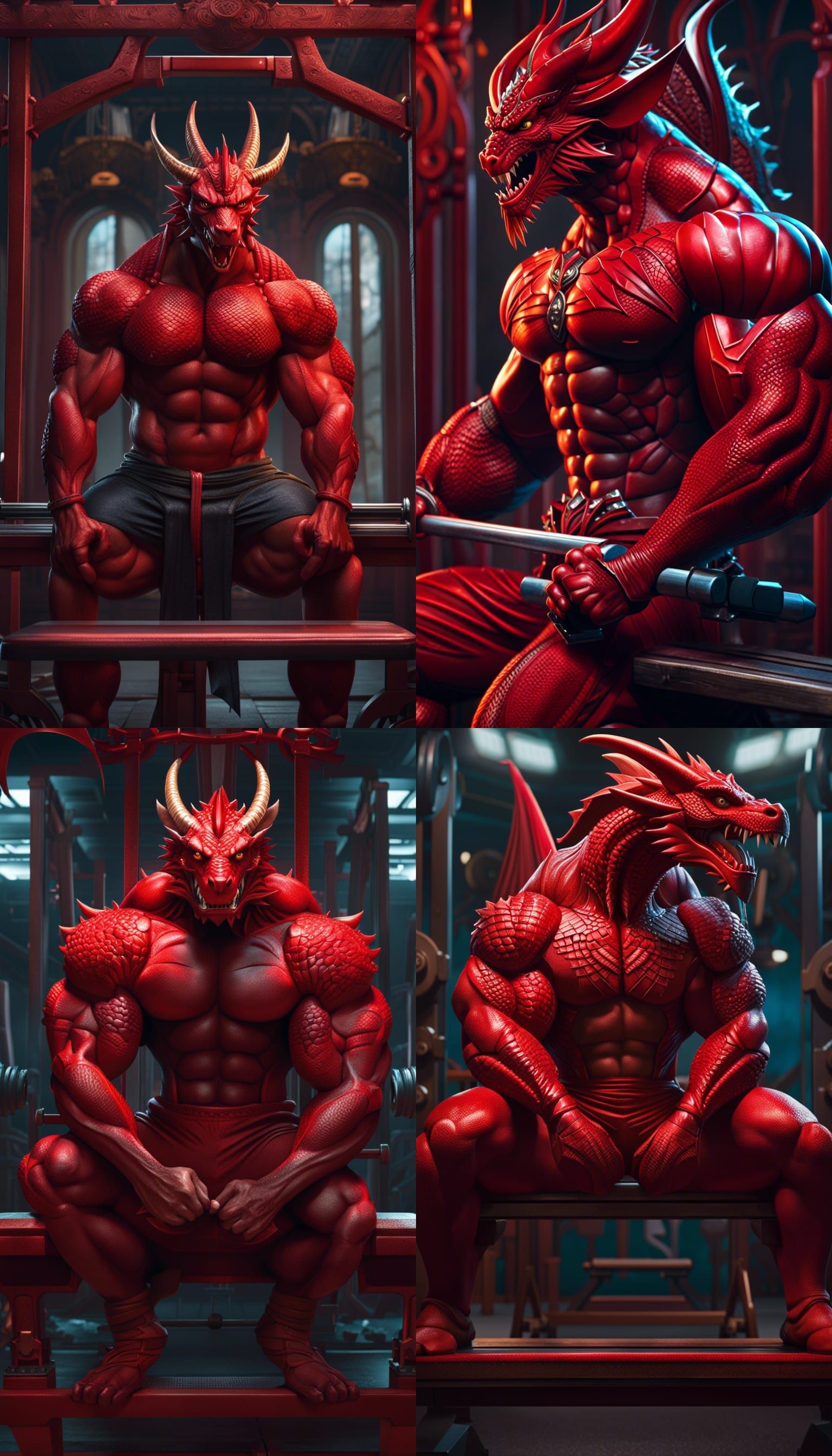 Red Dragon Bodybuilder Bench Press: Fantasy Concept Art