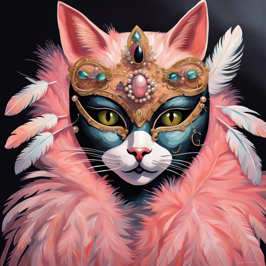 Cat Masquerade Ball in Impressionist Gouache Style